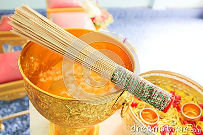 Blessed water at Thai wedding ceremony. Stock Photo