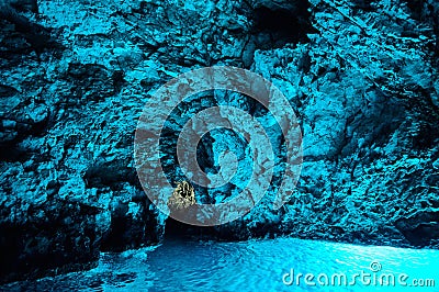 Bleu cave in Croatia, Croatian wonder, landmark. inside of the Blue cave, Bisevo island, light of blue color from water Stock Photo