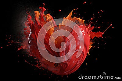 blew up red paint in heart shape splashes Stock Photo