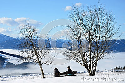 View from Gahberg towards Attersee under a blanket of fog in winter Editorial Stock Photo