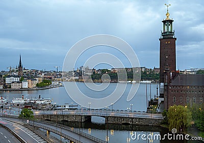 View across the water area RiddarfjÃ¤rden at nightfall Stock Photo