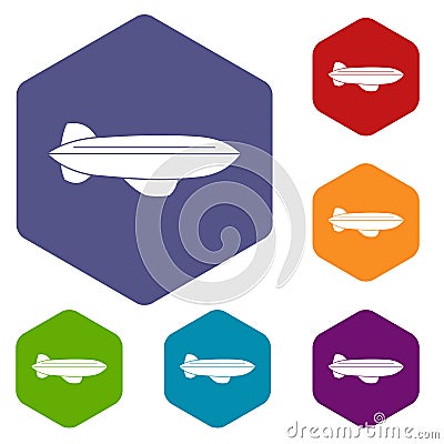 Blimp aircraft flying icons set hexagon Vector Illustration