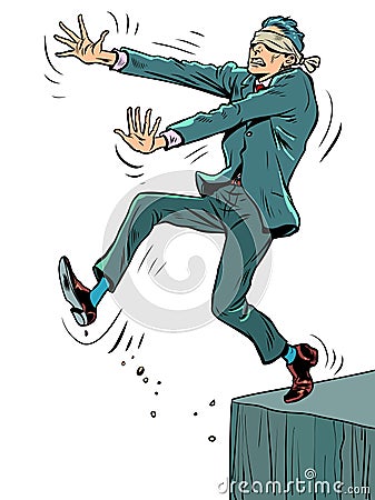 blind businessman step into the abyss. Dangerous decisions. Bandage on the eyes Vector Illustration