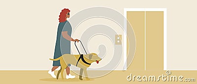 Blind Disabled Person with Pooper Dog, Flat Vector Stock Illustration with Visually Impaired Person and Building for Inclusive Cartoon Illustration