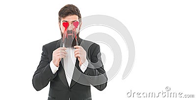 Blind love exist. Completely in love. Dangers of blind love. Businessman with beard and mustache formal suit. Love and Stock Photo