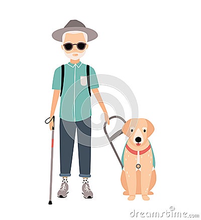 Blind man. Colorful image featuring visually impaired elderly with guide dog on white background. Flat vector cartoon Vector Illustration