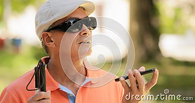 Blind Man Talking With Mobile Phone Disabled Man Speaking Stock Photo