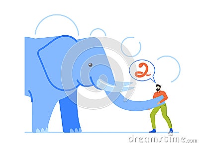 Blind Man Touching An Elephant. Depict Blindfolded Character with Wrong Perceptions, Impressions, Ideas, Opinions Vector Illustration