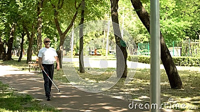 Blind old man detecting obstacles with white cane, walking in park independent Stock Photo