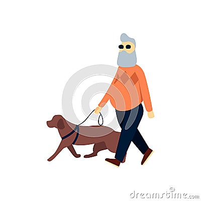 Blind senior with guide dog. Old man impaired vision. Elderly person with blindness on walk. Stock Photo