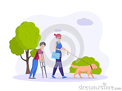 Blind woman disabled with guide dog and guy on crutches walk in park. Disabled female with blindness. Handicapped man woman Vector Illustration