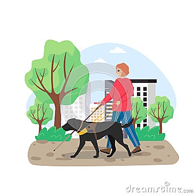 Blind woman walking with stick and guide dog in city park, flat vector illustration. Vector Illustration