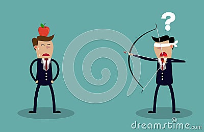 Blindfold businessman aiming to shoot at apple Vector Illustration