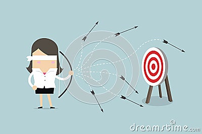 Blindfold businesswoman with bow and arrow misses the target Vector Illustration