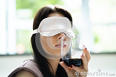 Blindfold Woman Blind Drink Taste Stock Photo