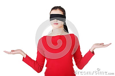 Blindfold woman presenting copy space Stock Photo