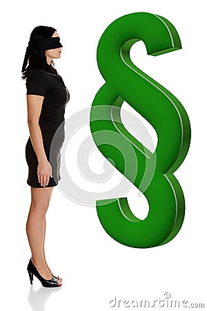 Blindfold woman standing next to paragraph symbol. Stock Photo