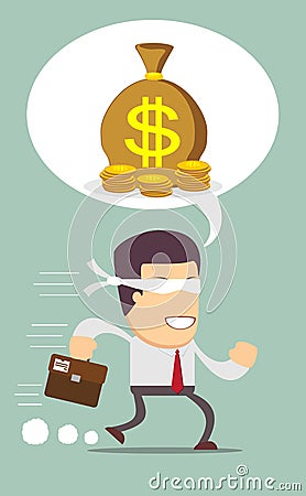 Blindfolded businessman running to find money Vector Illustration