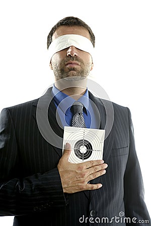 Blindfolded businessman with target over white Stock Photo