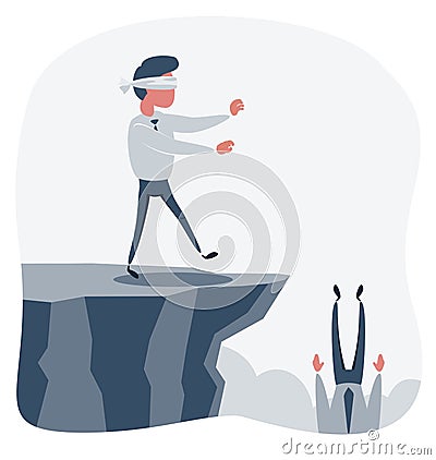 Blindfolded businessman walk to the cliff. Business concept. Vector Illustration