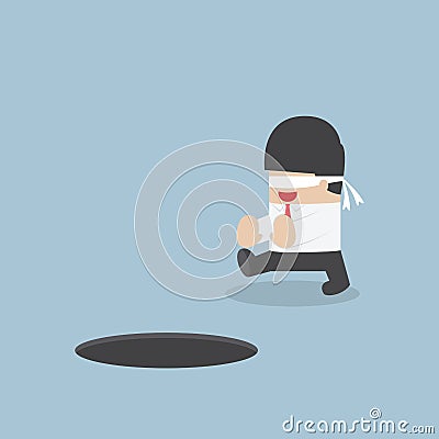 Blindfolded businessman walking into the hole Vector Illustration