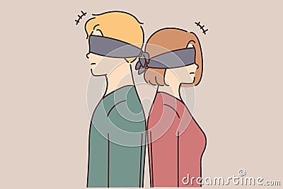 Blindfolded couple stand back to back Vector Illustration