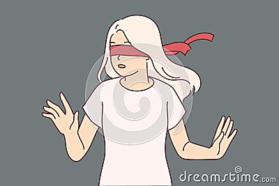 Blindfolded girl cannot navigate in space due to forced blindness and turns with frightened emotions Vector Illustration