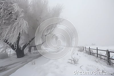 blinding blizzard with heavy snowfall and wind, covering everything in white Stock Photo
