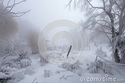blinding blizzard with heavy snowfall and wind, covering everything in white Stock Photo