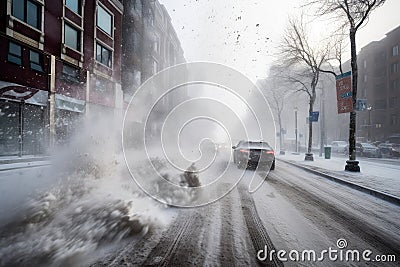 blinding blizzard with snow and ice flying in every direction Stock Photo