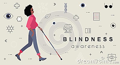 Blindness Awareness, living without sight. â€‹Blindness Awareness Month. Black Woman with white cane. Save Your Vision. Diabetic Vector Illustration