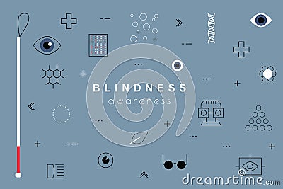 Blindness Awareness, living without sight. White cane. Save Your Vision. Diabetic Eye Disease. Persons with Disabilities. Blinding Vector Illustration