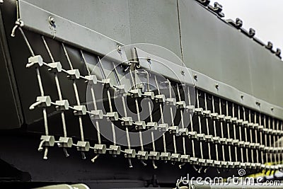 blinds for the protection of military equipment, tanks, armored personnel carriers Stock Photo