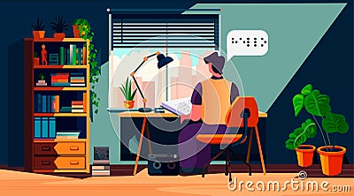 bling man reading with braille alphabet people with disabilities concept living room interior Vector Illustration