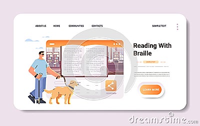 bling man walking with guide dog assistant and reading with braille alphabet people with disabilities concept Cartoon Illustration