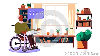 bling man in wheelchair reading with braille alphabet people with disabilities concept living room interior Vector Illustration