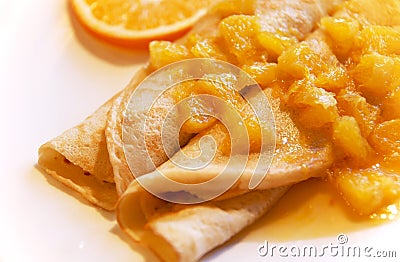 Blini with oranges in sweet sauce Stock Photo