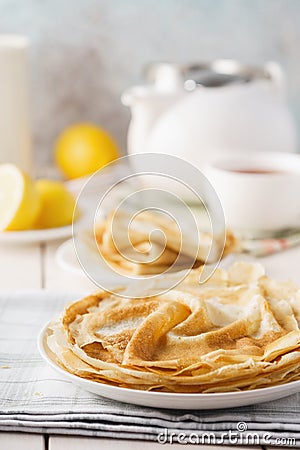 Blini, traditional homemade Russian thin pancakes and tea Stock Photo