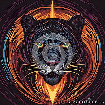 A black panther’s head with a fiery orange and purple background Stock Photo