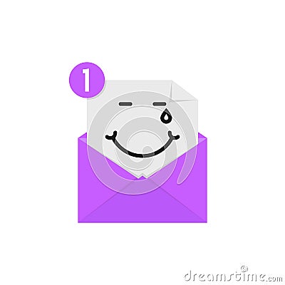 Blissful emoji in purple letter notification Vector Illustration