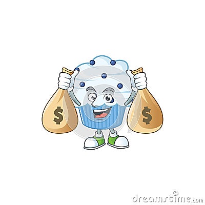 Blissful rich vanilla blue cupcake cartoon character having money bags Vector Illustration