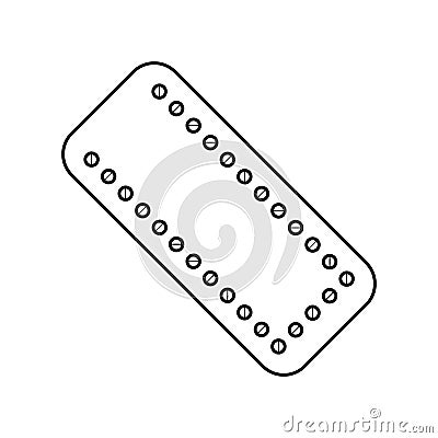Blister of contraception icon. Line art logo of pill pack. Black illustration of small round medicines in package. Contour Vector Illustration