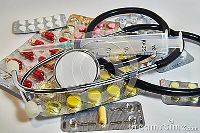 Blister Medical Pills Pharmaceutical Stuff Stethoscope. health care concept Stock Photo