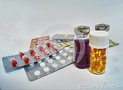 Blister Medical Pills Pharmaceutical Stuff Stethoscope. health care concept Stock Photo