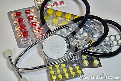 Blister Medical Pills Pharmaceutical Stuff Stethoscope. health care concept Stock Photo