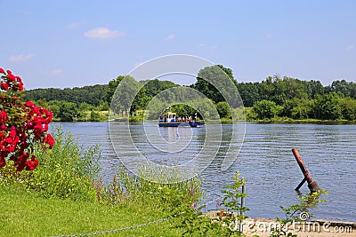 View on small passenger and bicycle ferry voet- en fietsveer on river maas in summer Editorial Stock Photo