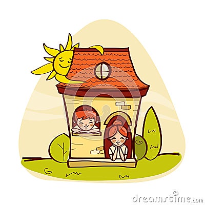 BLittle house with kids Vector Illustration
