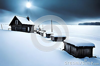 Blizzard Burying A Small Town In Snow With The Only Visible Signs Of Life Being The Occasional Rooftop Or Lamppost,. Generative AI Stock Photo