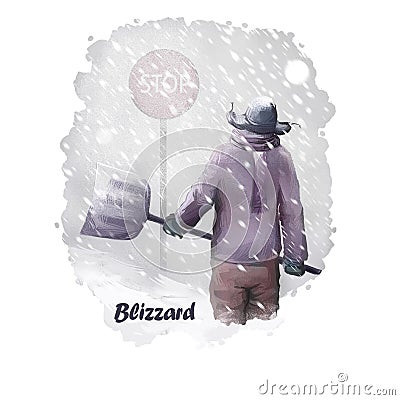 Blizzard digital art illustration of natural disaster. Man in warm cloth with spade in hands going to fight snowstorm Cartoon Illustration