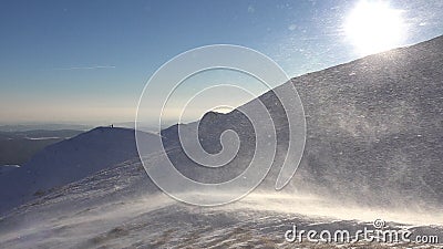 Blizzard in Mountains at Sunset, Winter View, Alpine Landscape, Ski Resort Stock Photo